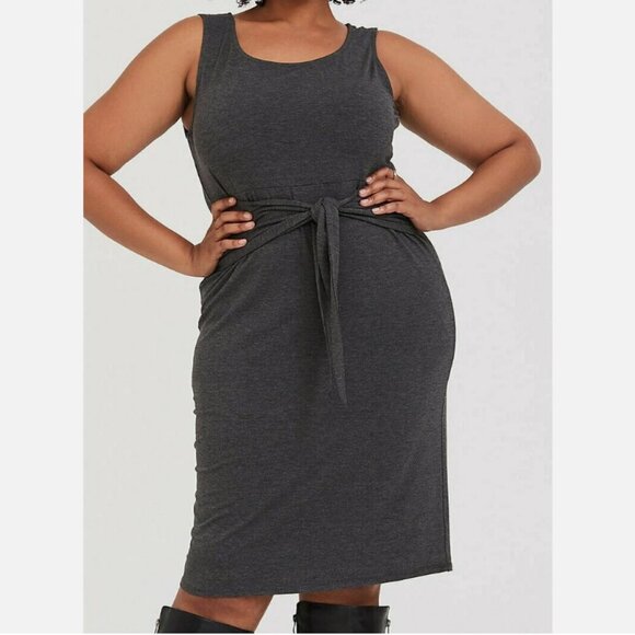 Retired! Charcoal Gray Jersey Shift Dress. Tie Front - Picture 2 of 5